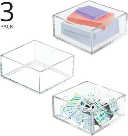 Plastic Square Desk Organizer - Create Section for Home Office Drawers, Desktop - Holds Pens, Paper Clips, Notebooks and Other Office Supply Accessory -  Collection - 3 Pack, Clear