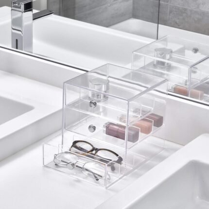 Plastic Divided 3-Drawer Vanity & Countertop Organizer – 7" x 6.5" x 6.5”, Clear