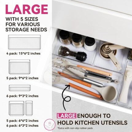 26 Pack Large Clear Plastic Drawer Organizer Bins -5 Size Heavy Duty Acrylic Kitchen Drawer Organizers and Storage for Utensils -Bathroom Drawer Organizer Trays for Makeup Office Organization